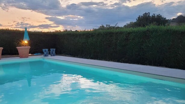 Una piscina con superficie de agua azul cristalina, rodeada por un seto bajo y una terraza pavimentada.