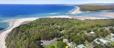 An aerial view of a coastal area with a beach, dense forest, and residential buildings.