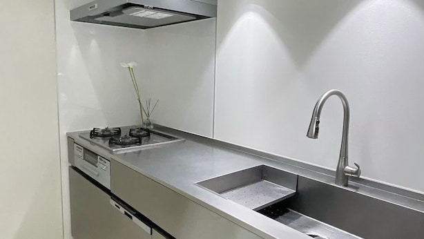 Eine moderne Küche mit Edelstahlgeräten, einer doppelten Spüle und einem eleganten Design.