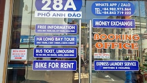 A window display with various signs advertising services like a booking office, bike rental, and express laundry service. - Alex Halong Hotel & Hostel (Bai Chay)