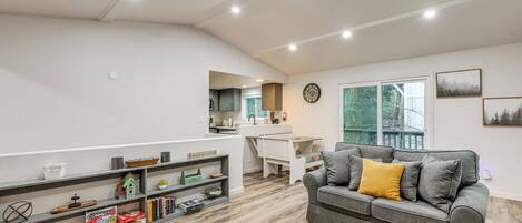 TV, fireplace, books