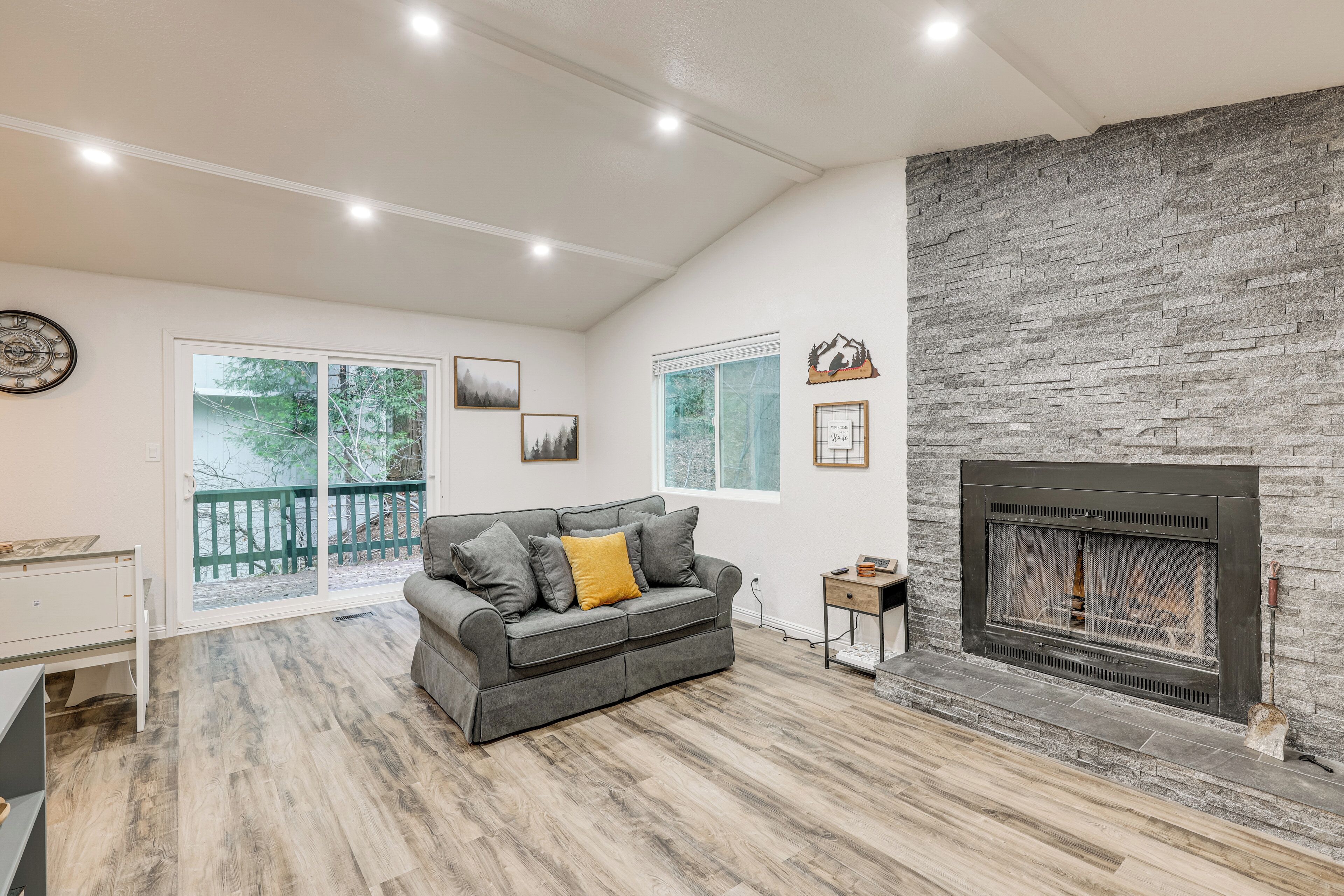 Televisión, chimenea y libros 