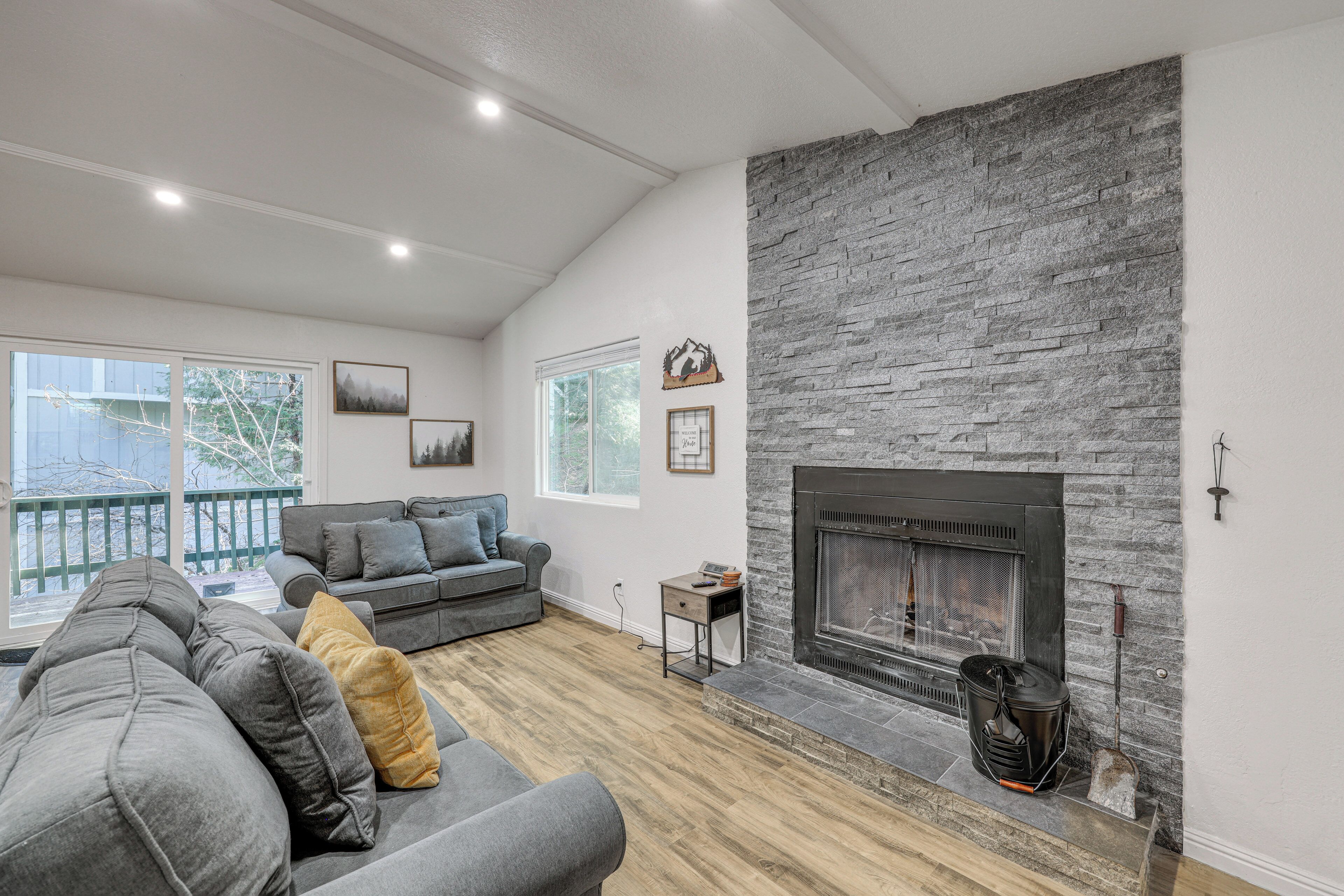 TV, fireplace, books