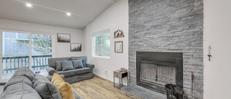 TV, fireplace, books