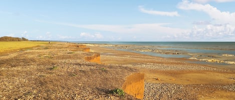 Un paisaje costero con una playa de guijarros, horizonte lejano y cielo despejado.