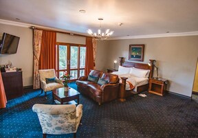 A hotel room with a large window, a sofa, a chair, a bed, a desk, and a television.