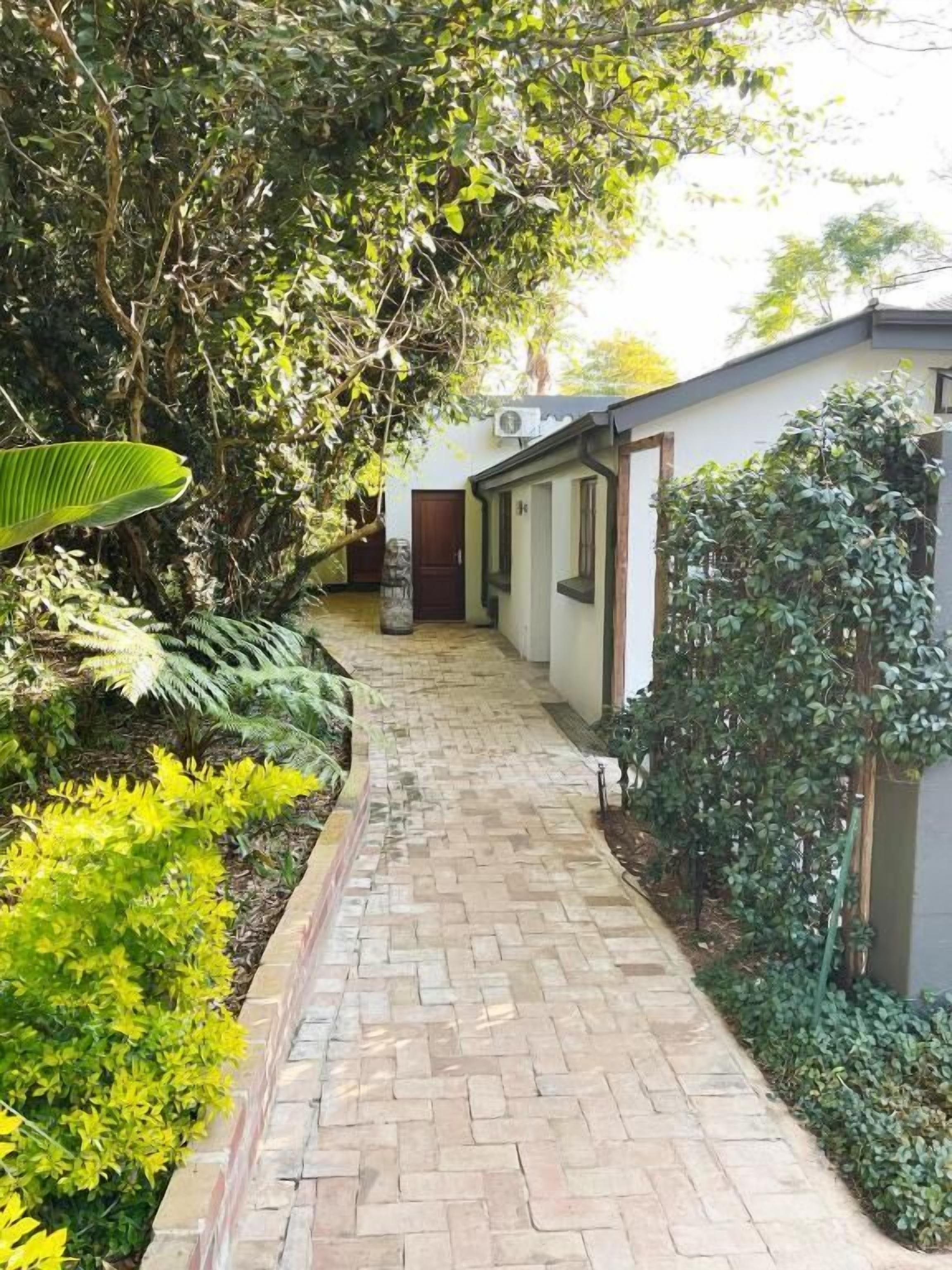 A paved pathway leading to a building with a door and windows, surrounded by lush greenery and plants.