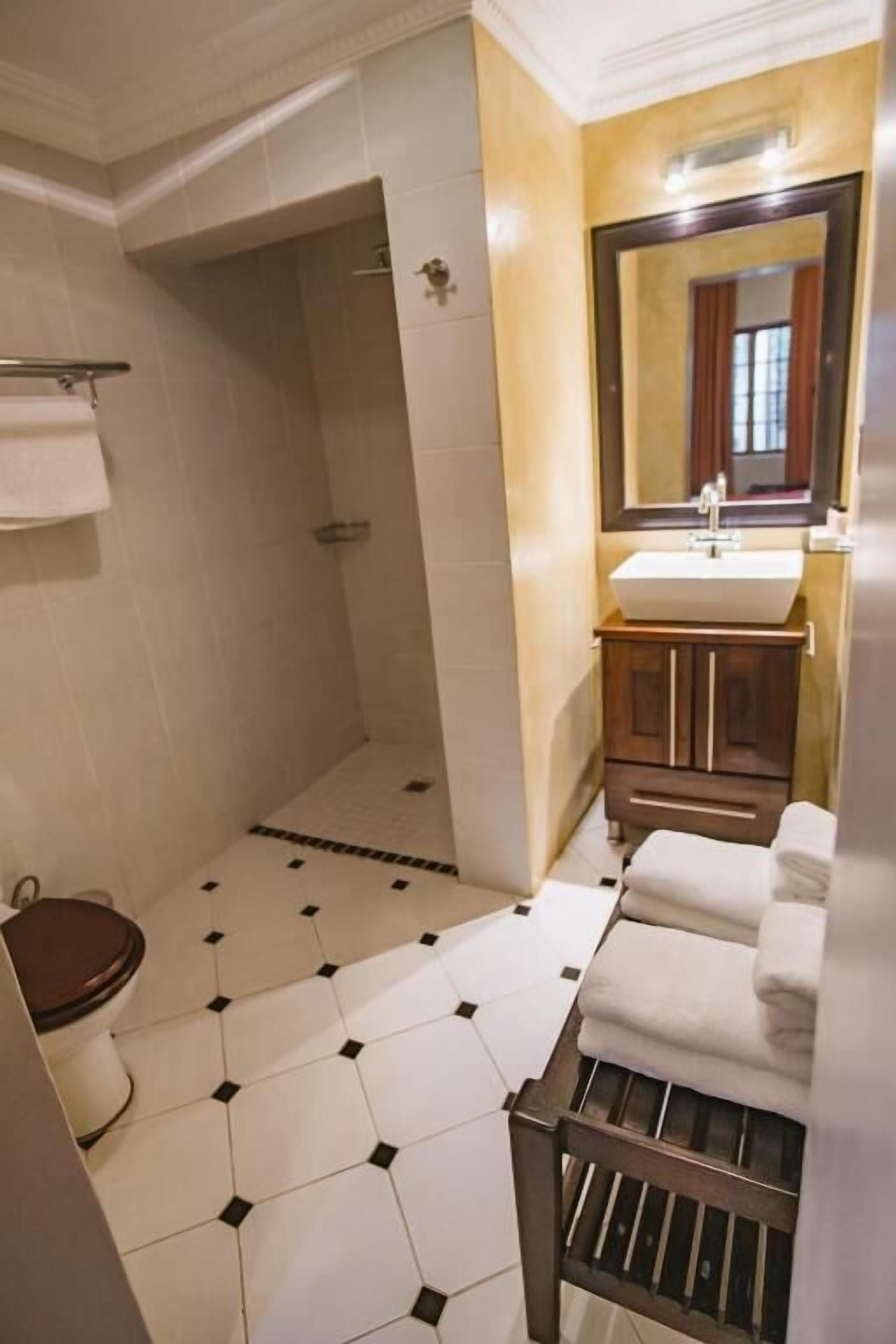 Baño con ducha, inodoro, lavabo y espejo.