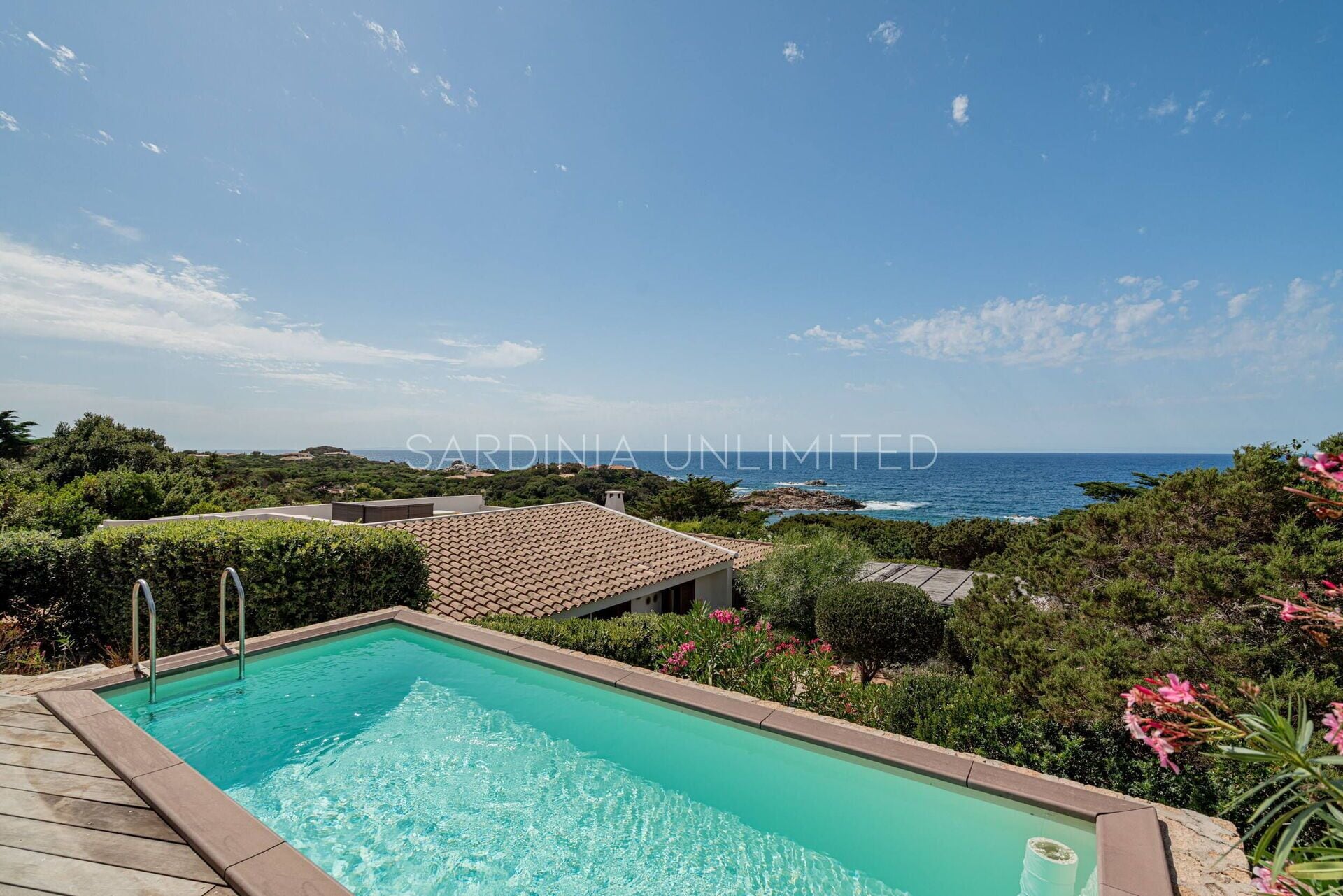 A swimming pool with a view of the ocean and surrounding greenery.