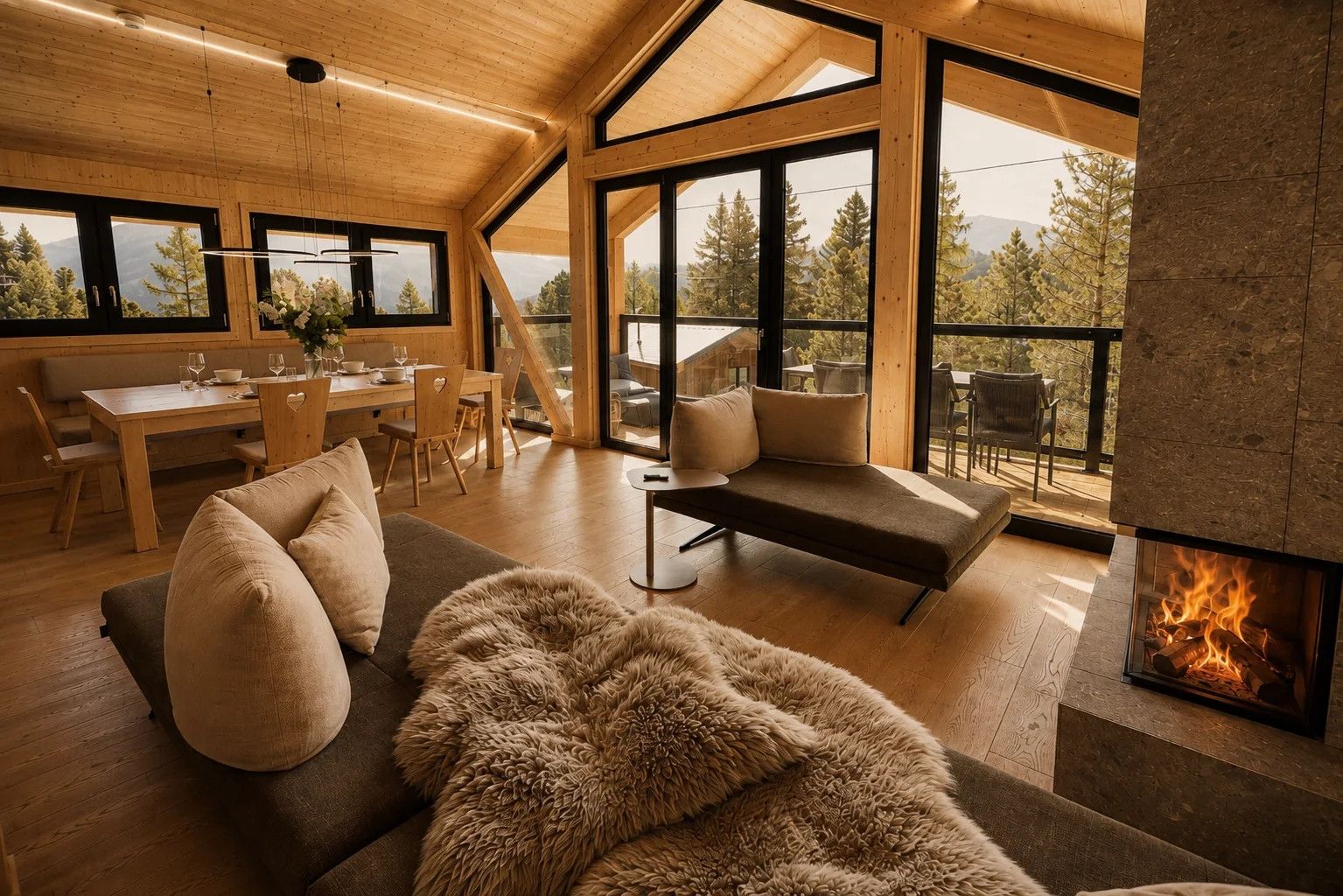 Un interior moderno con techo de madera, ventanas amplias, chimenea y una zona de estar acogedora.