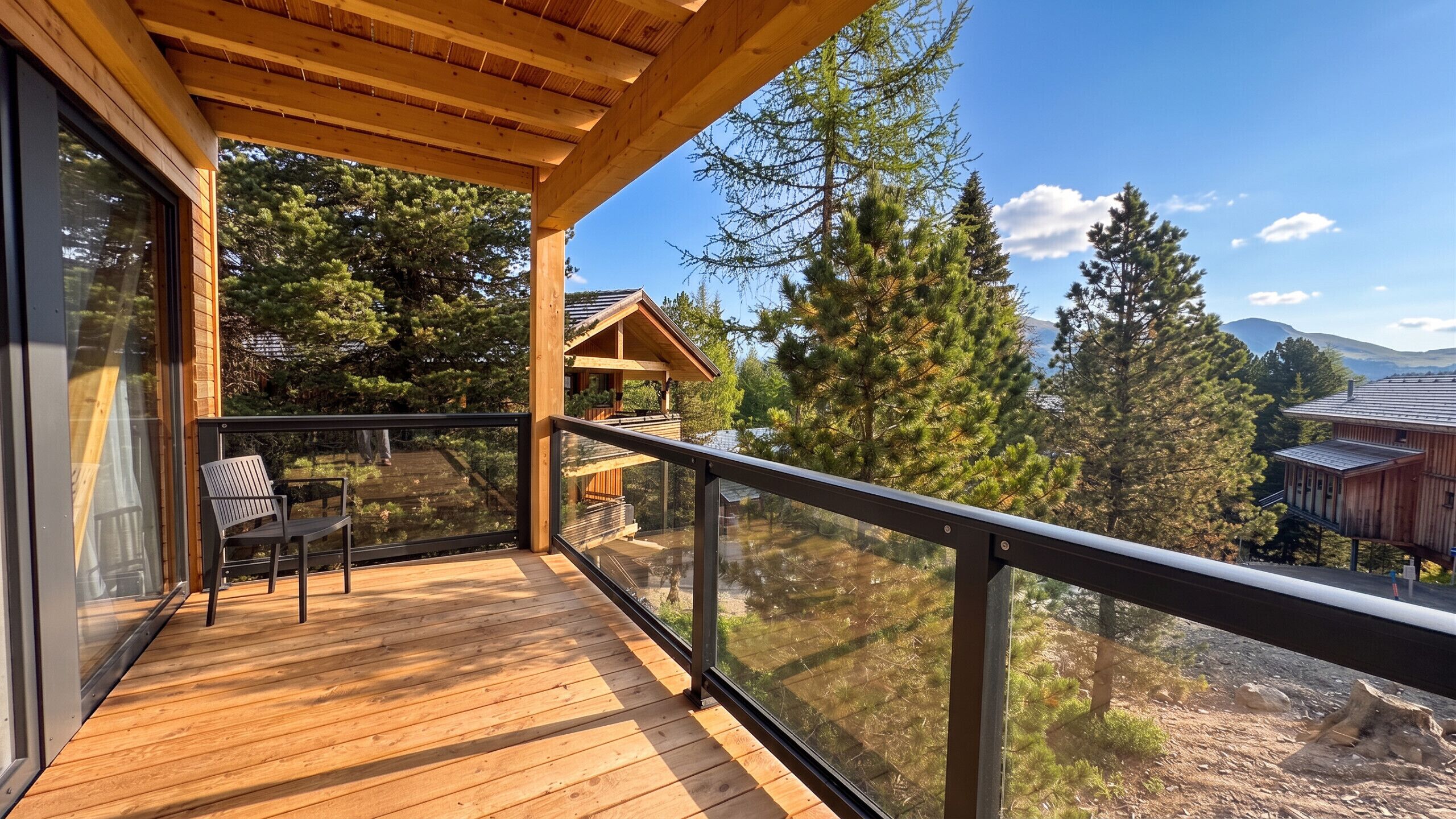 A wooden deck with glass railings overlooking a forested area and a cabin.