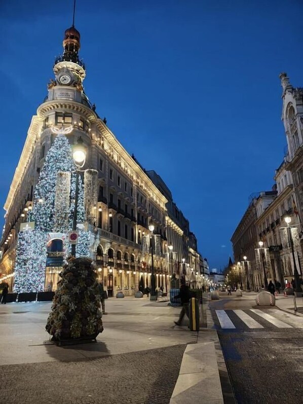 A historic building with classical architecture, a large Christmas tree, and a clock tower. - Ch Cruz Madrid (Madrid)