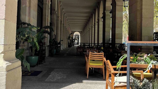 Uma galeria coberta com colunas, plantas em vasos e bancos de madeira.