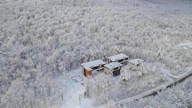 A remote cabin surrounded by snow-covered forest, accessible by a narrow road. - Le Repère du Sommet - Spa (Orford)