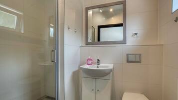 Regadera, toallas, papel de baño