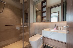 Regadera, secadora de cabello, bidet, toallas 