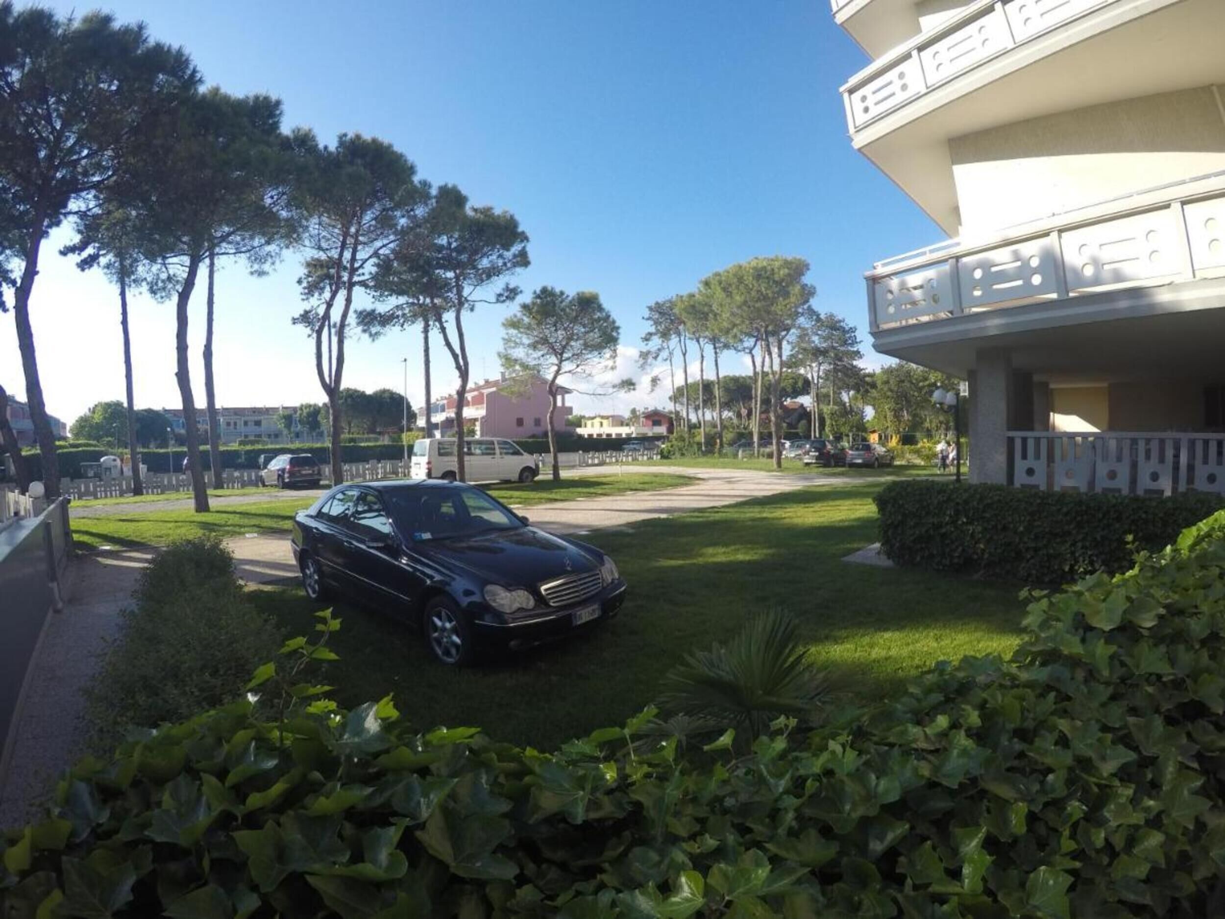 Ein schwarzes Auto auf einer Grünfläche, im Hintergrund ein Gebäude.