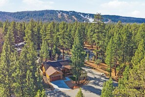 Un chalet entouré d’une forêt dense, avec une allée bien dégagée menant au bâtiment principal.