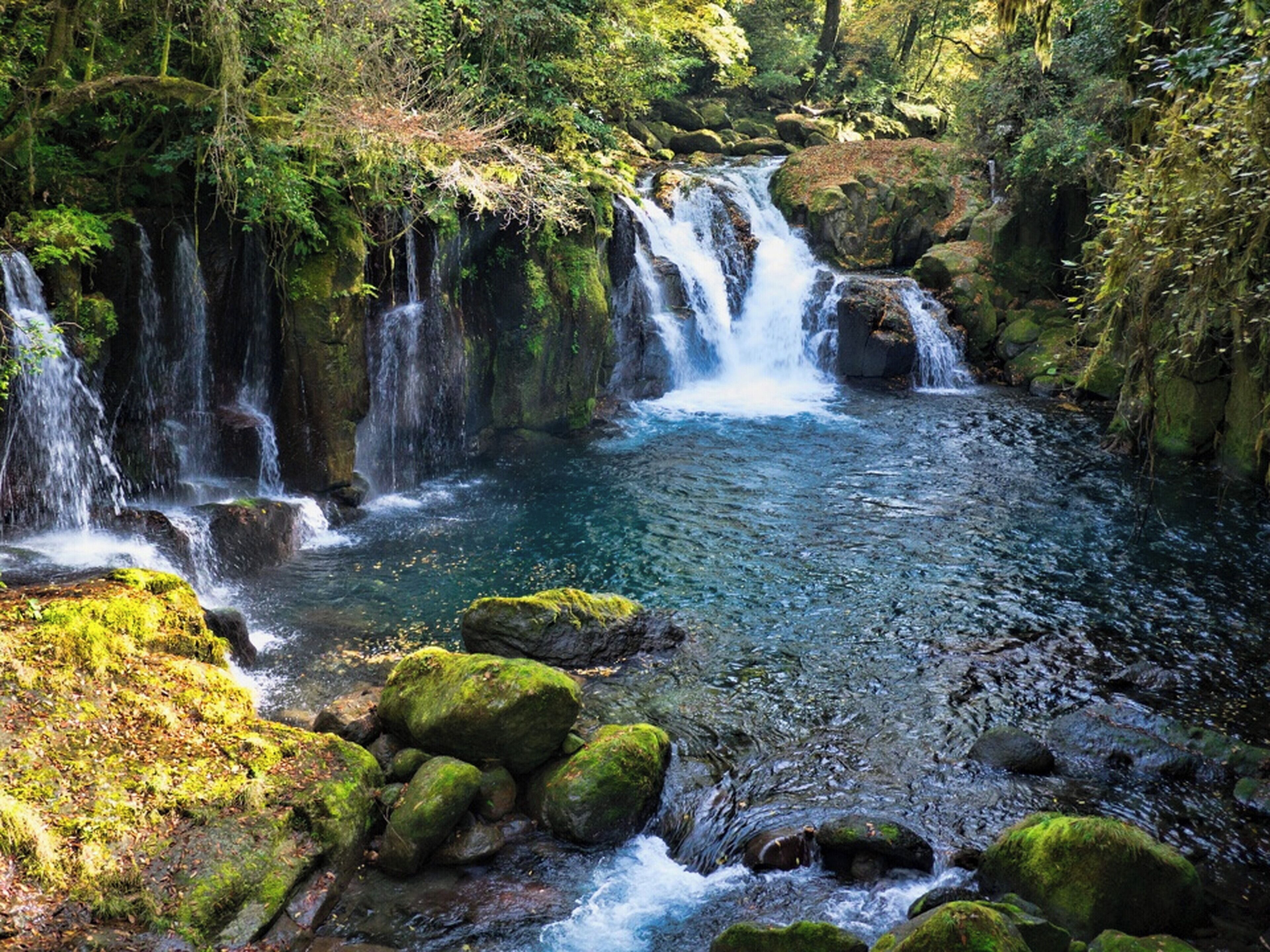A natural waterfall with clear water, surrounded by rocks and greenery.