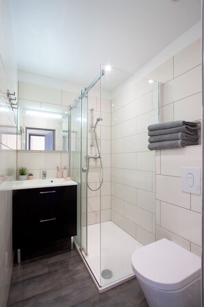 Douche, serviettes fournies, savon, papier toilette