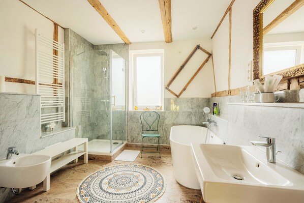 Bidet, soap, shampoo, toilet paper - Crafthouse-bedroom apartment in charming National Parkharz Ski area (Sankt Andreasberg)