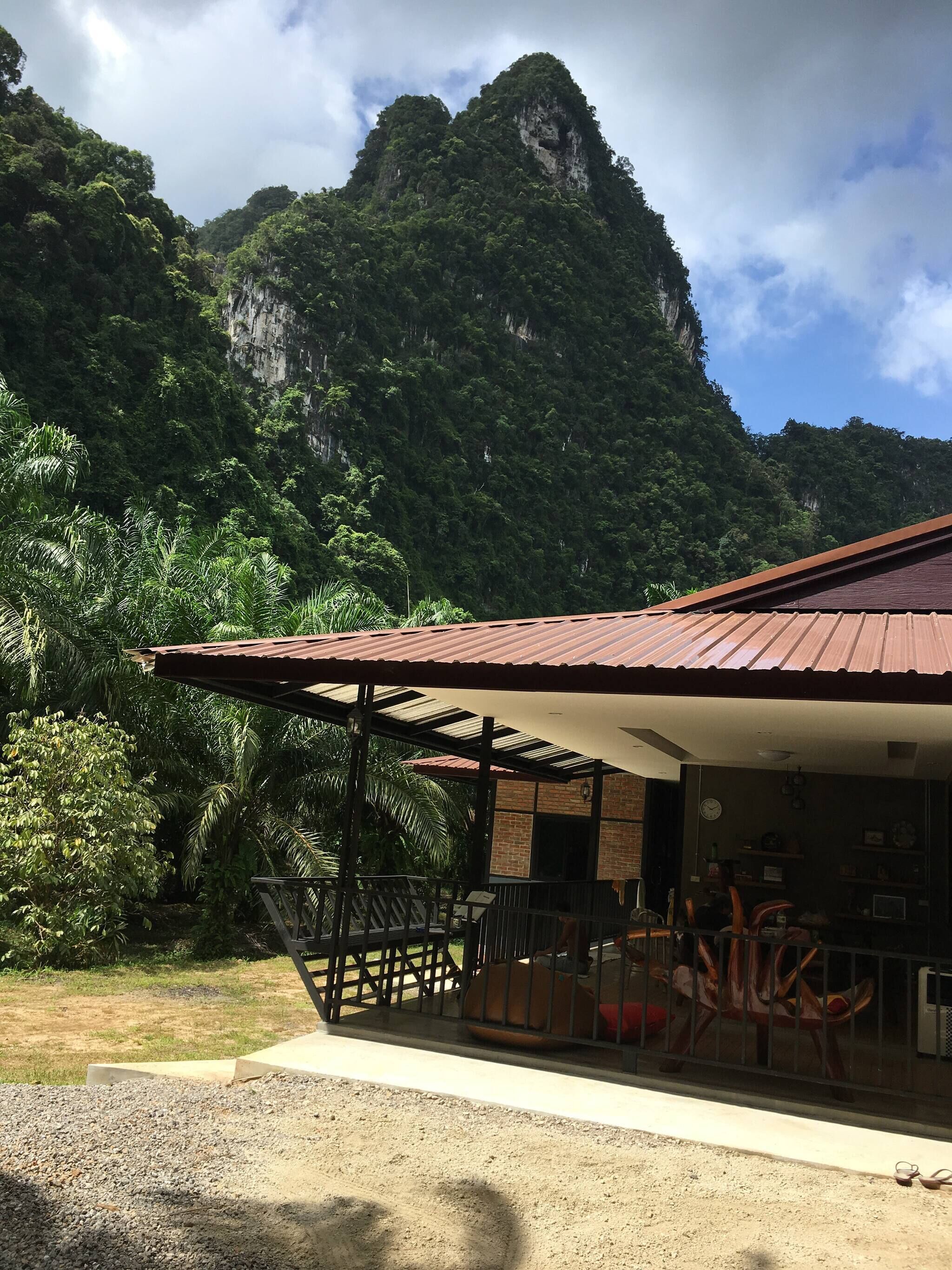 A building with a metal roof and brick walls, surrounded by lush greenery and a mountainous backdrop.