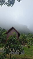 Una cabaña de madera rodeada de exuberante vegetación y un paisaje montañoso brumoso.