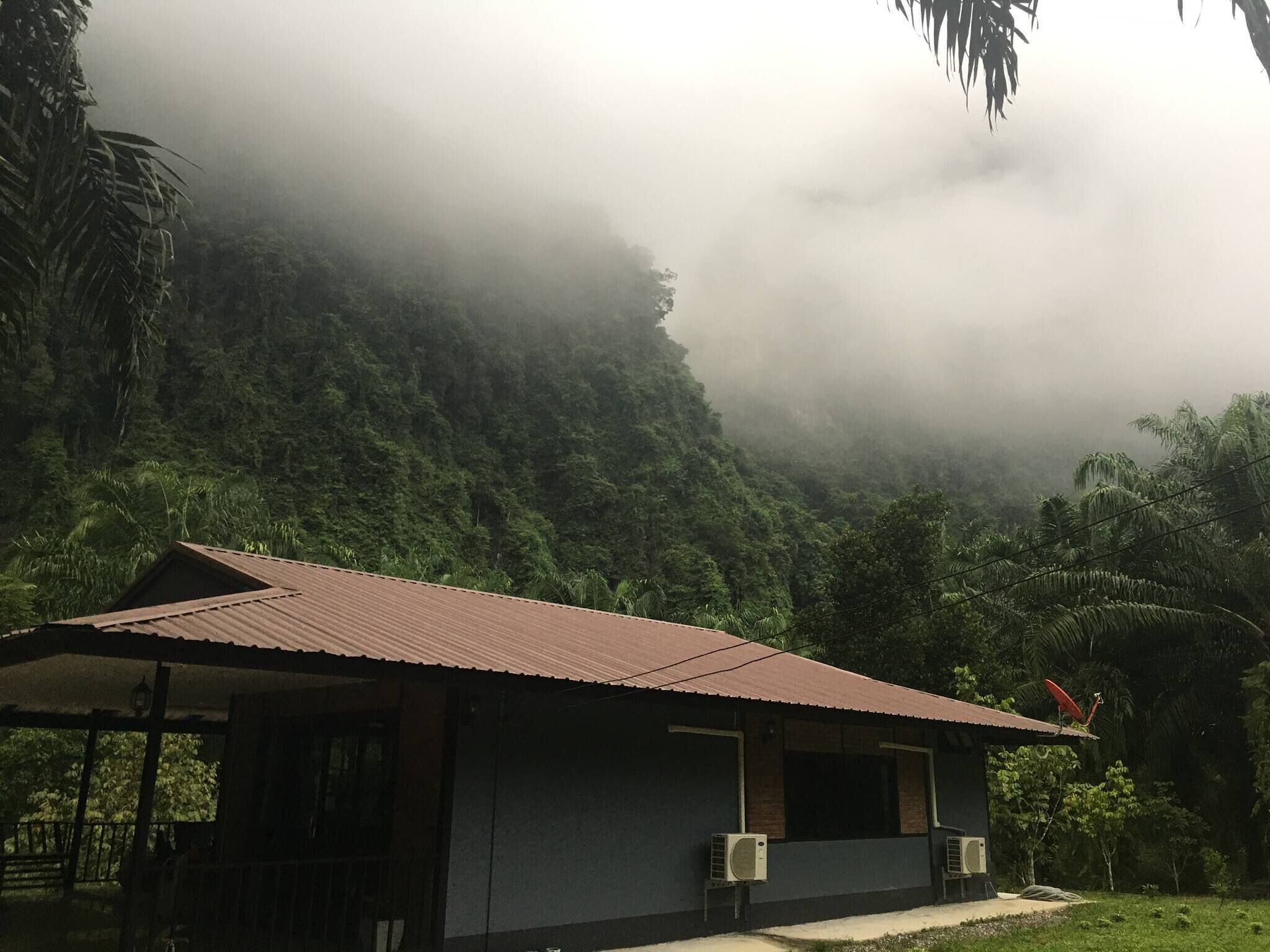 A small, single-story building with a sloped roof, surrounded by lush greenery and a misty mountain backdrop.