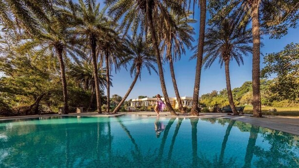 A clear pool surrounded by tall palm trees and a building in the background. - Dev Shree Deogarh (Devgarh)