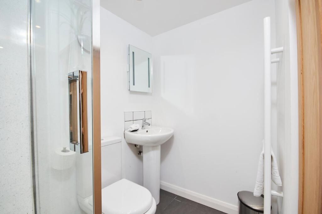 A modern bathroom with a glass shower enclosure, a white sink, and a toilet.