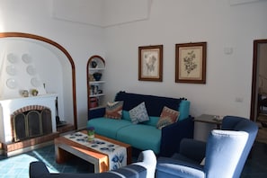 A living room with a fireplace, a sofa, a coffee table, and a bookshelf. - La Fiorita: an oasis of tranquility between the sky and the sea in Positano (Positano)