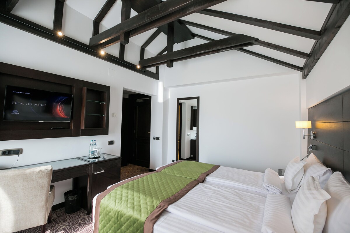 Una habitación de hotel con una cama, un escritorio con computadora, un televisor y un espejo.