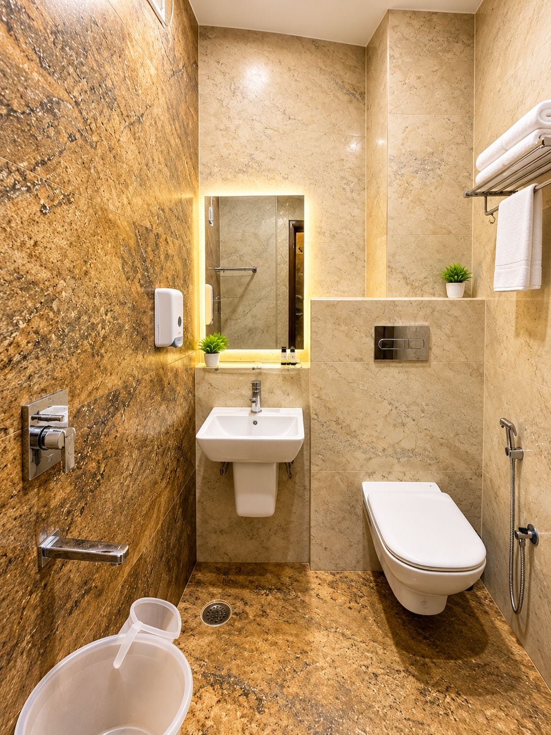 Et badeværelse med marmorgulv, et håndvask, et toilet og en bruser.