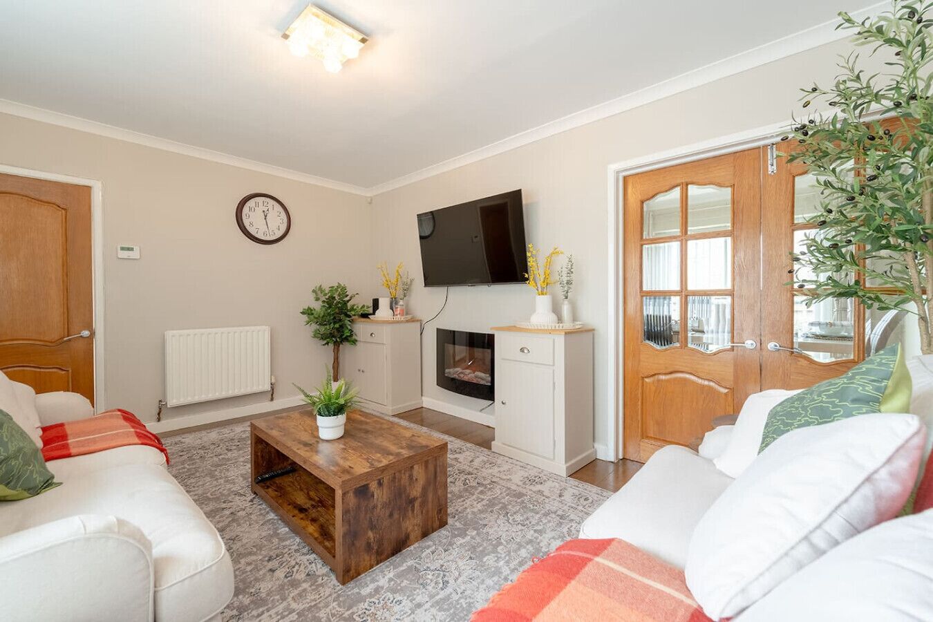 TV, fireplace, books