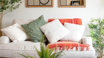 TV, fireplace, books