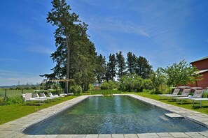 Une piscine rectangulaire à l’eau claire, entourée d’une terrasse en pierre. Des chaises longues sont disposées le long du bord de la piscine.