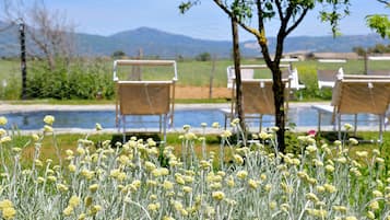 Seasonal outdoor pool, pool umbrellas, pool loungers