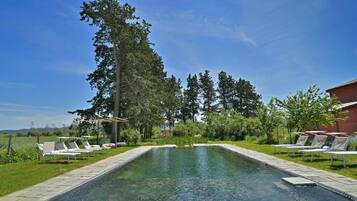 Seasonal outdoor pool, pool umbrellas, pool loungers