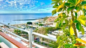 Un paisaje urbano costero con vista al mar, edificios y un balcón con vegetación.