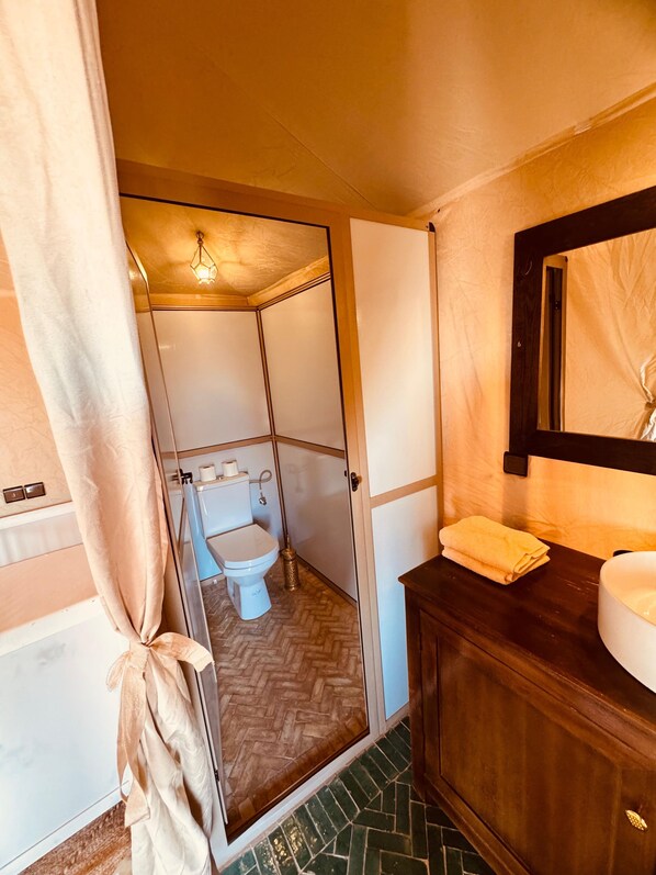 Une salle de bain comprenant des toilettes, un lavabo et un espace douche.