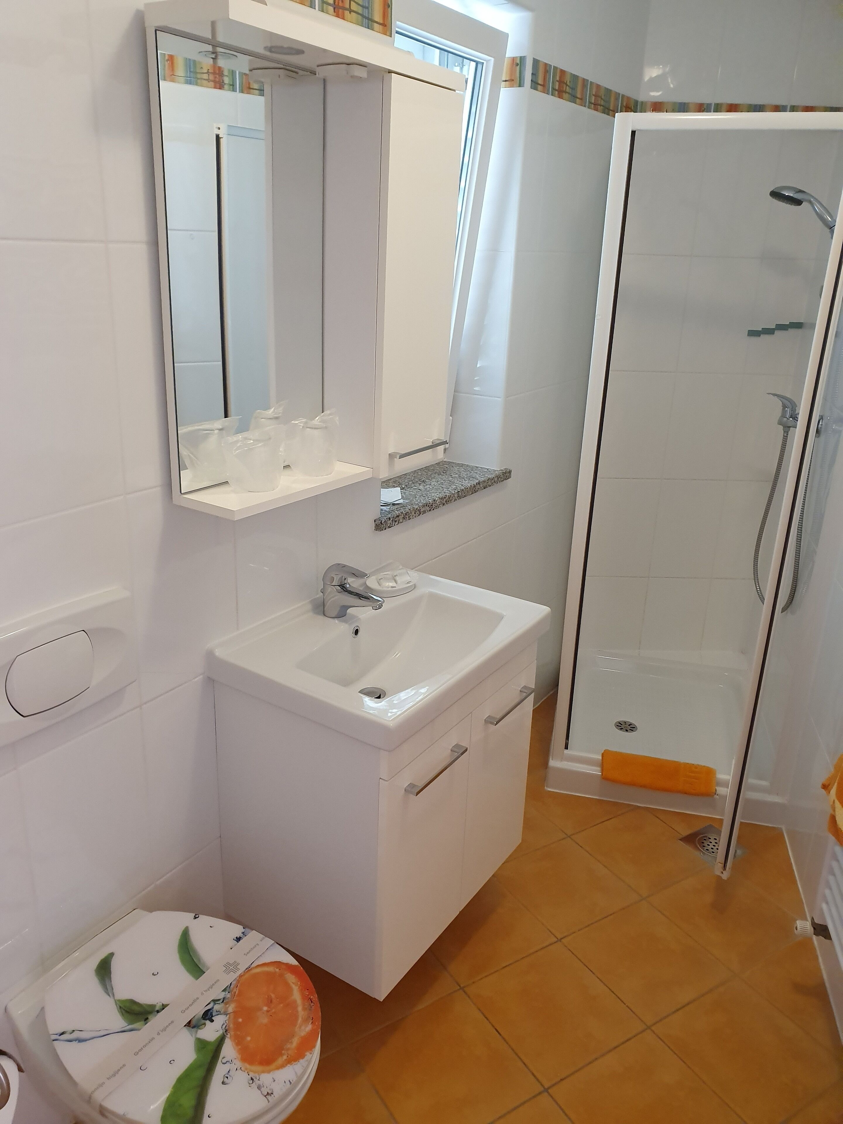 A bathroom with a white sink, mirror, and shower.