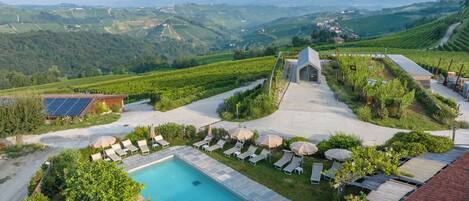 Seasonal outdoor pool, pool umbrellas, pool loungers