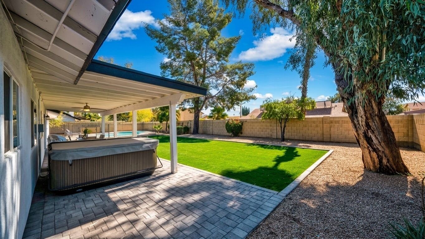 Un patio abrité avec un jacuzzi, une pelouse bien entretenue et un grand arbre.