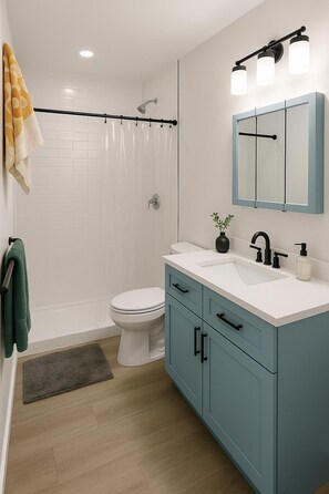 Regadera, jabón, papel de baño
