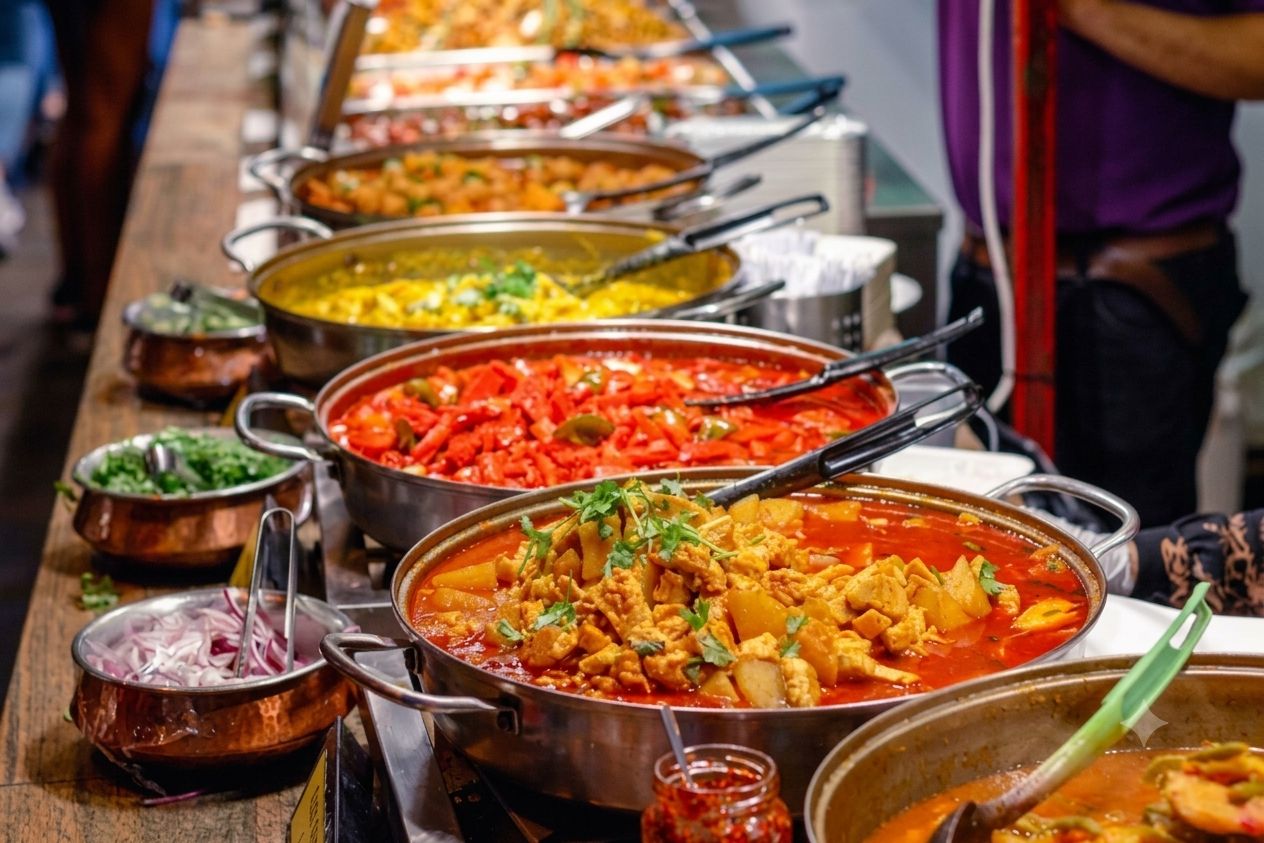 A buffet with various dishes in metal serving containers.