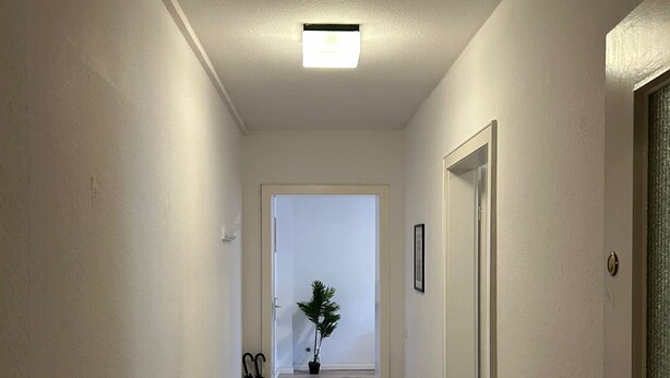 En smal hall med trägolv, vita väggar och en taklampa. Det finns en dörr på höger sida och en krukväxt längre bort.