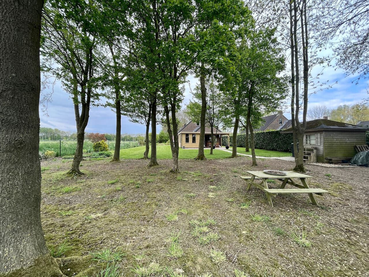 Una mesa de picnic en un área con césped, árboles y una casa al fondo.