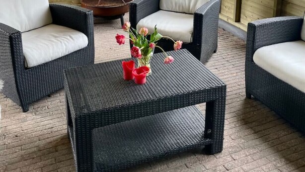 A cozy outdoor seating area with wicker furniture and a central table, large windows offering views of a green landscape. - Compleet huisje tussen de weilanden in Ewijk (Ewijk)
