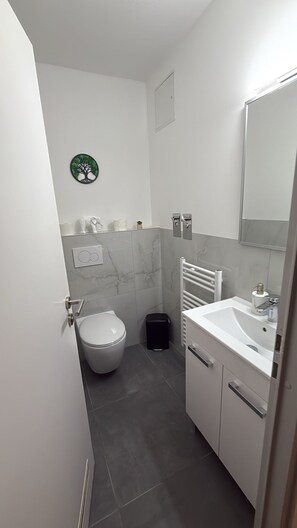 Dusj, hårføner, håndklær og såpe