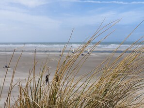 A beach with tall grasses in the foreground and the ocean in the background. - Comfortable Downtown Apartment Near Beach (Fort-Mahon-Plage)